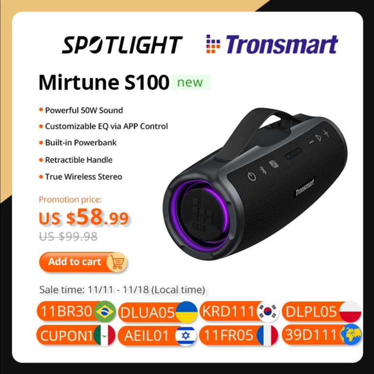 Беспроводная колонка Tronsmart Mirune S100, 50 Вт (RGB, до 18 часов, IPX4)