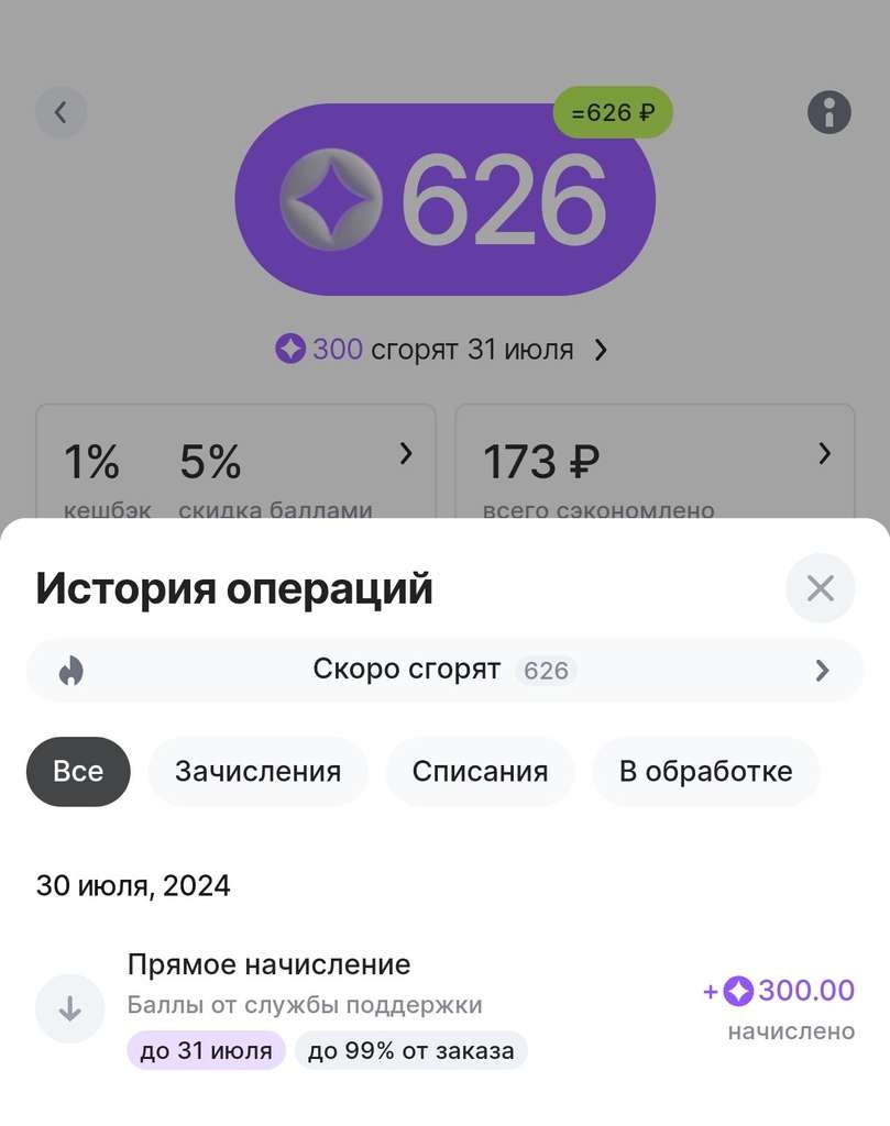 300 баллов для оплаты до 99% стоимости заказа до 31 июля (вероятно не всем)