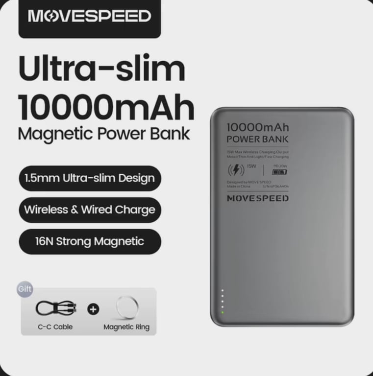 Внешний аккумулятор MOVESPEED S10 Тонкий магнитный внешний аккумулятор 10000 мАч PD20W Портативное зарядное устройство Беспроводной внешний