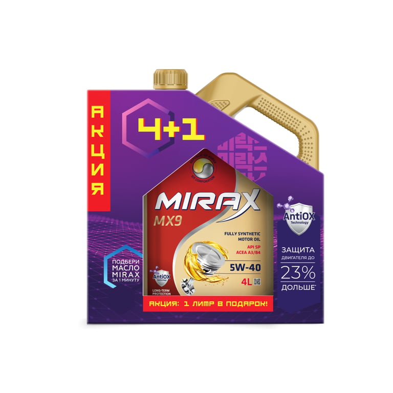 Масло моторное Mirax MX9 5W-40, A3/B4, SP, синтетическое 4+1 л