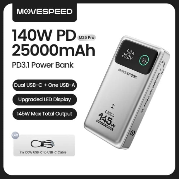 Внешний аккумулятор MOVESPEED M25 140 Вт Power Bank 25000 мАч Тип C