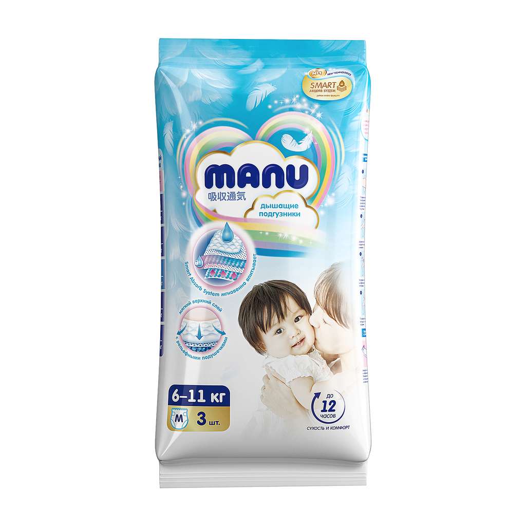 Подгузники MANU M, 6-11 кг, 30 шт. + платочки бумажные BabyGo, 2 слоя, 10 уп. по 10 шт.