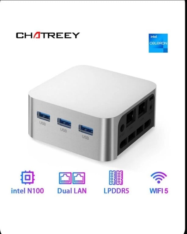 Chatreey Мини-ПК T8 (Intel Alder Lake N100, RAM 16 ГБ, SSD 512 ГБ, Intel UHD Graphics, Windows 11 Pro), светло-серый (озон-карта)