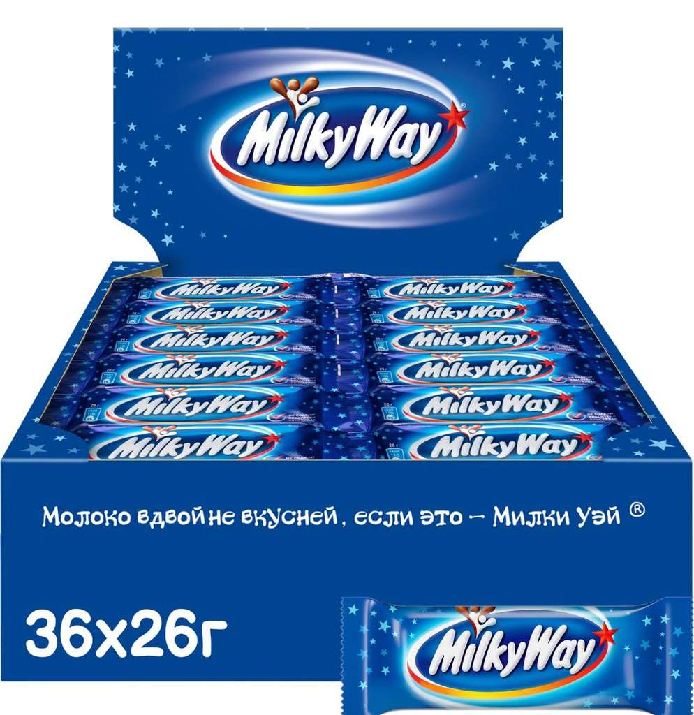 Шоколадные батончики Milky Way, 36 шт по 26 г , Нуга, молочный шоколад (по Ozon карте)