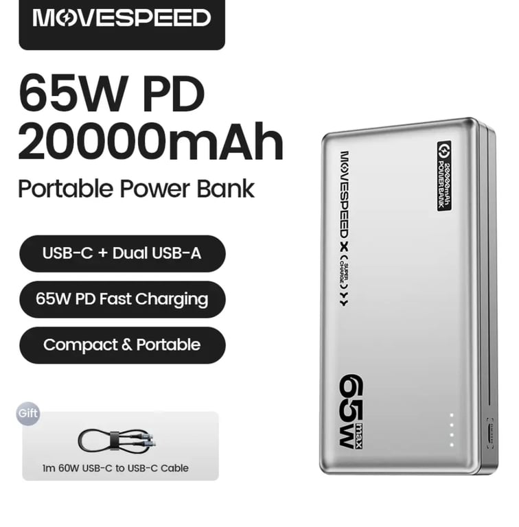 Внешний аккумулятор MOVESPEED E20 20000 мАч, 65ВТ, Silver