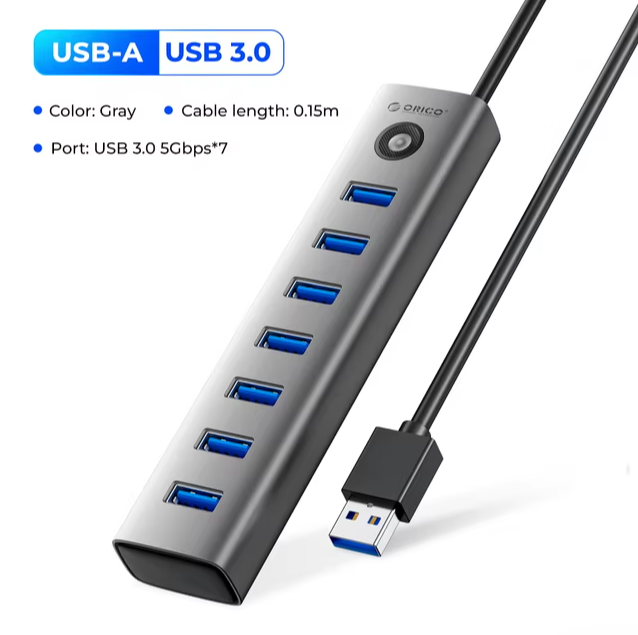 USB HUB ORICO 5Gbps 7 портов USB A провод USB A 15см с доп. питанием.