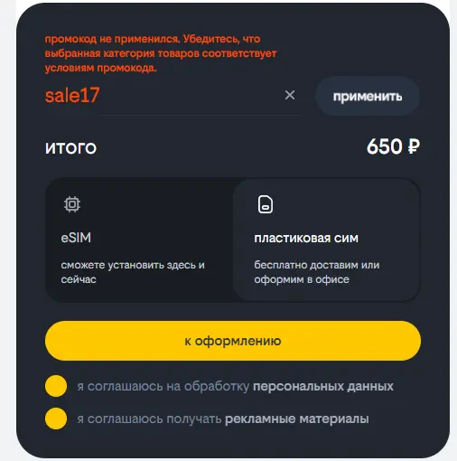 Скриншот подтверждения применения купона sale17