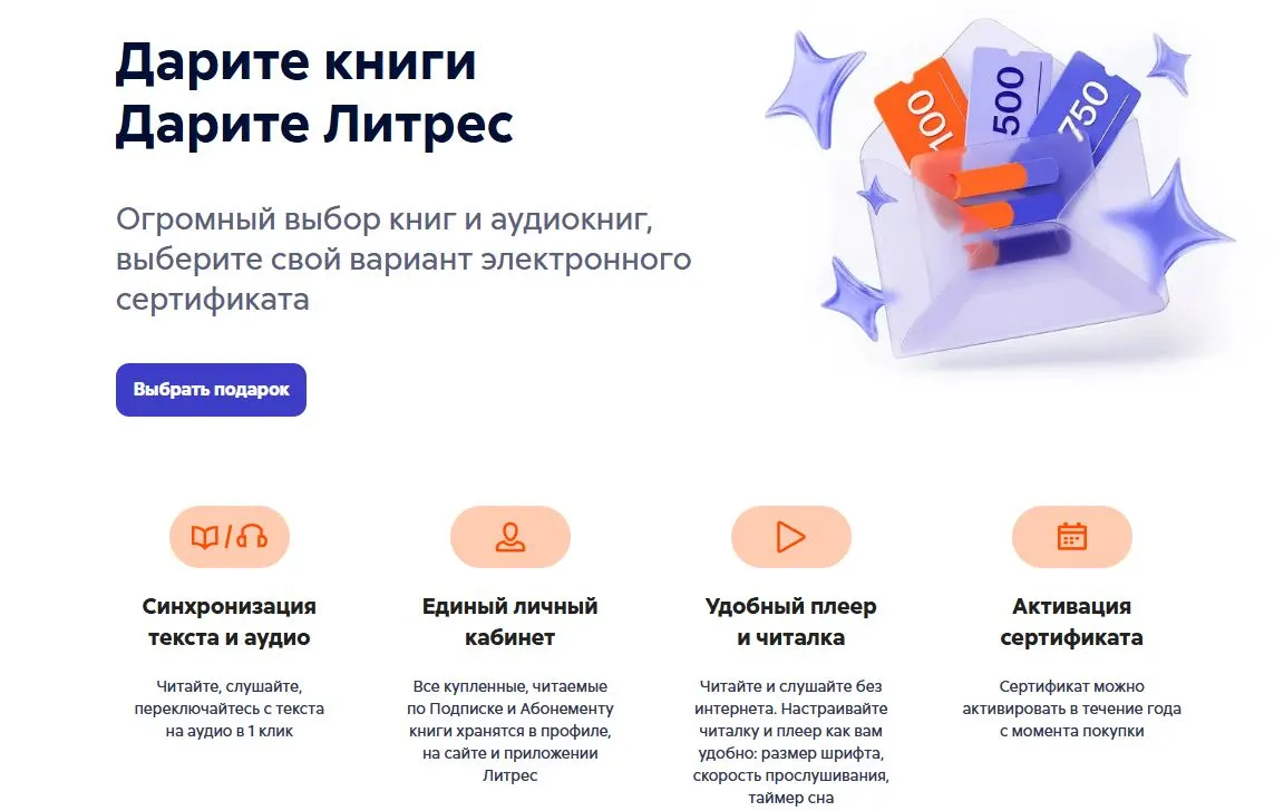 Скриншот подтверждения применения купона Литрес. Подарочные сертификаты: Подписка