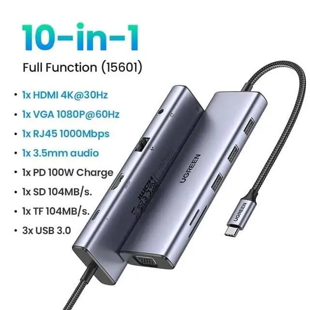 USB-хаб UGREEN 10 портов 4K HDMI VGA RJ45 PD100W