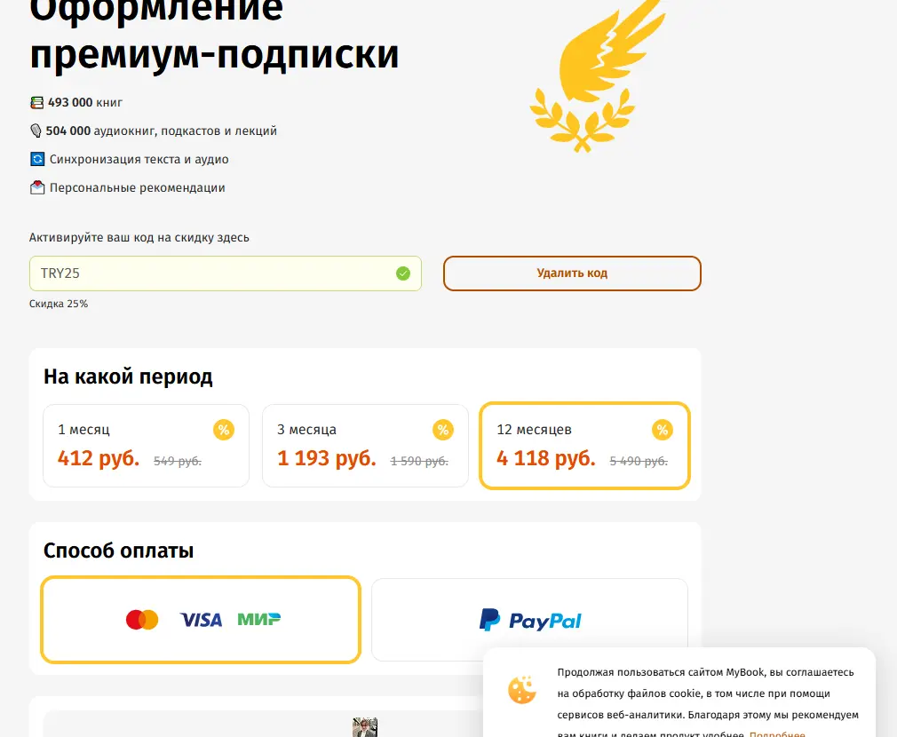 Скриншот подтверждения применения купона TRY25