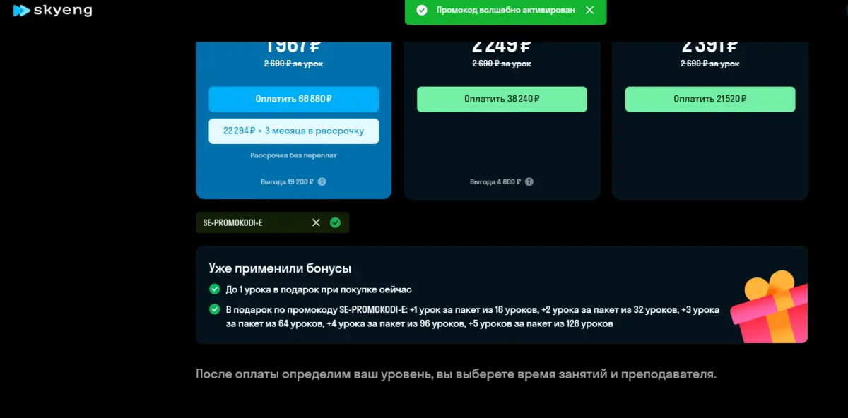 Скриншот подтверждения применения купона SE-PROMOKODI-E