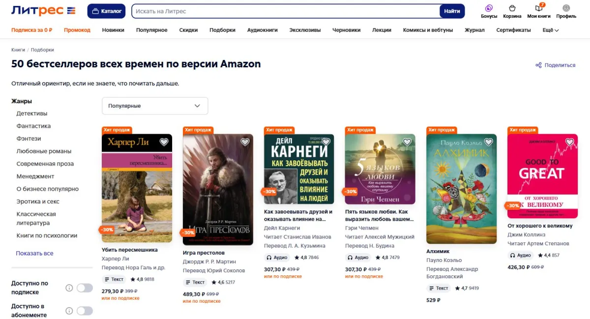 Скриншот подтверждения применения купона 50 бестселлеров всех времен по версии Amazon