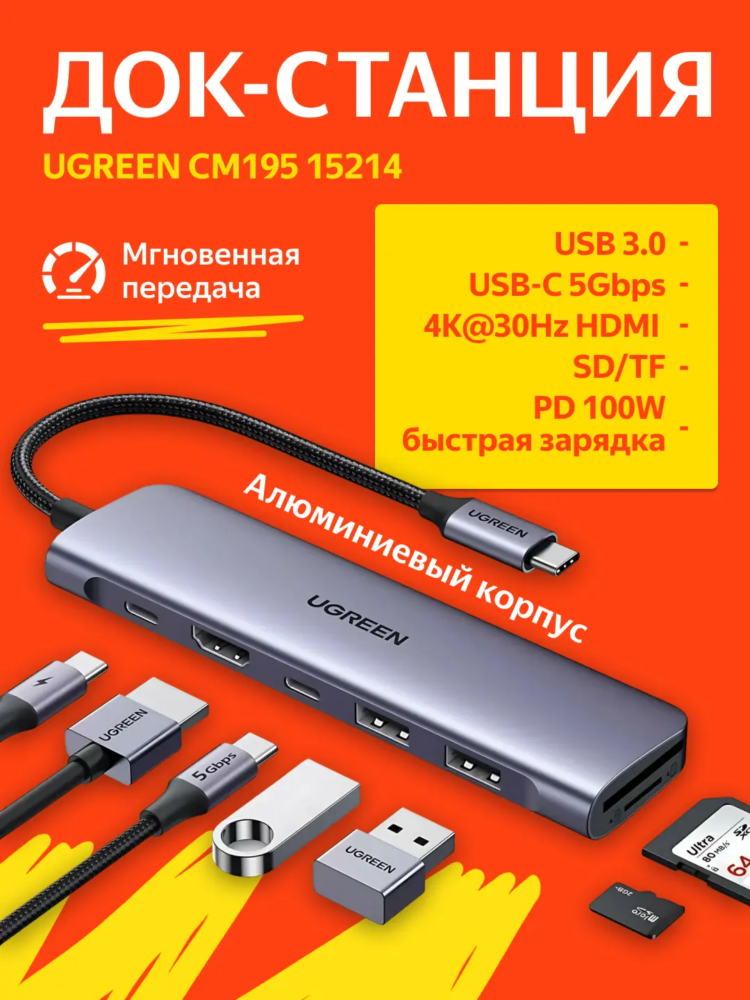 Хаб-USB UGREEN CM195 (15214) USB-C To HDMI+2*USB 3.0 A+ USB-C+SD/TF+PD Converter - Space Gray