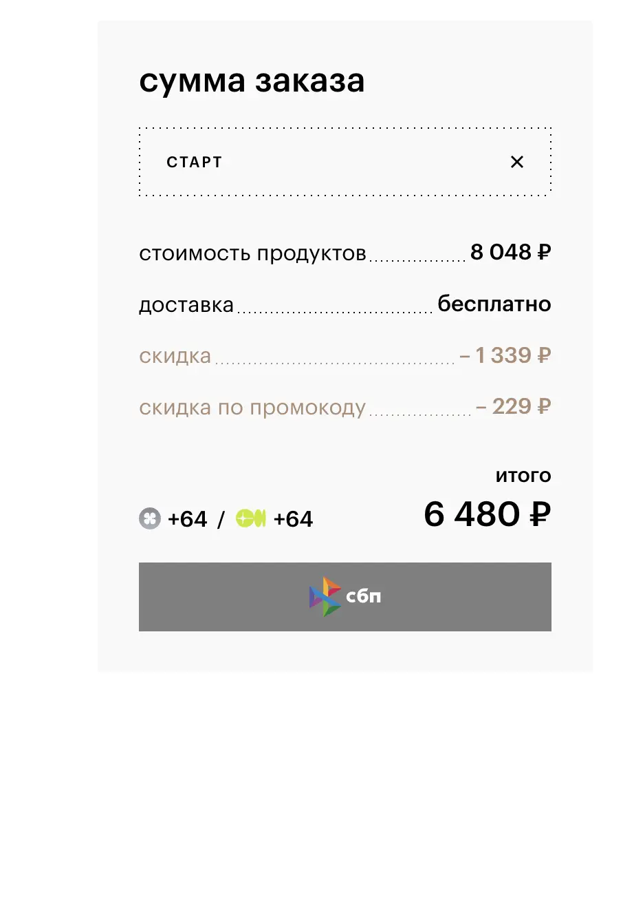 Скриншот подтверждения применения купона СТАРТ