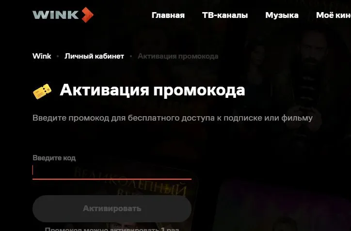 Скриншот подтверждения применения купона Оформить пробный период на Wink на 30 дней