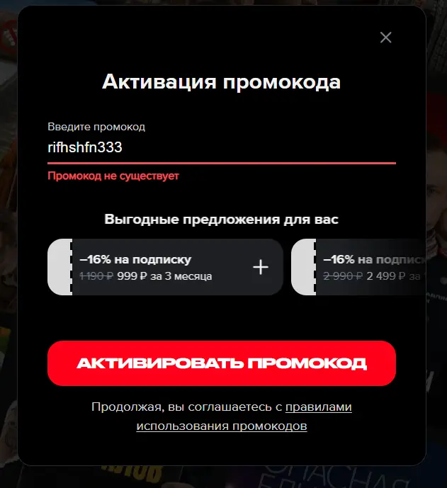 Скриншот подтверждения применения купона rifhshfn333