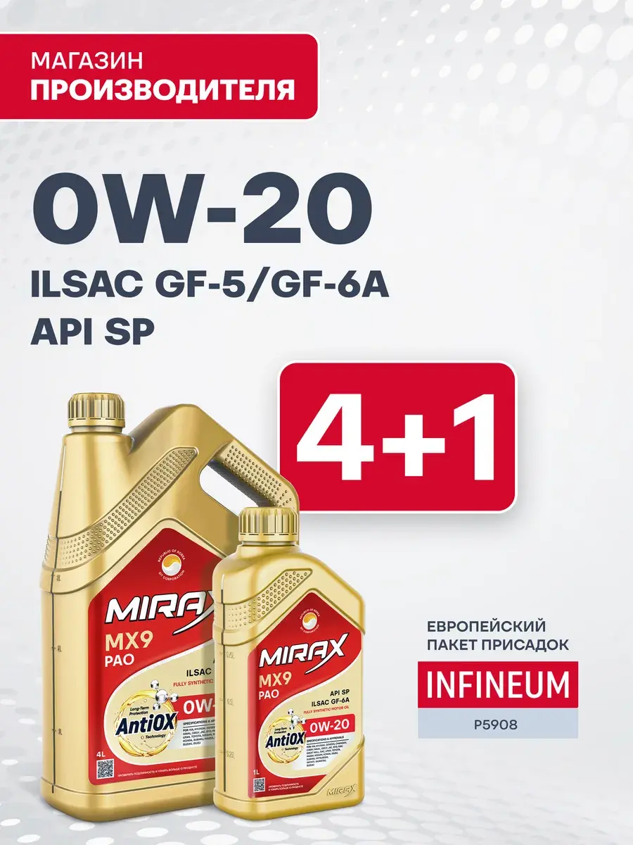 Масло моторное MIRAX MX9 0W-20 ILSAC GF-6A Синтетическое, 5 л