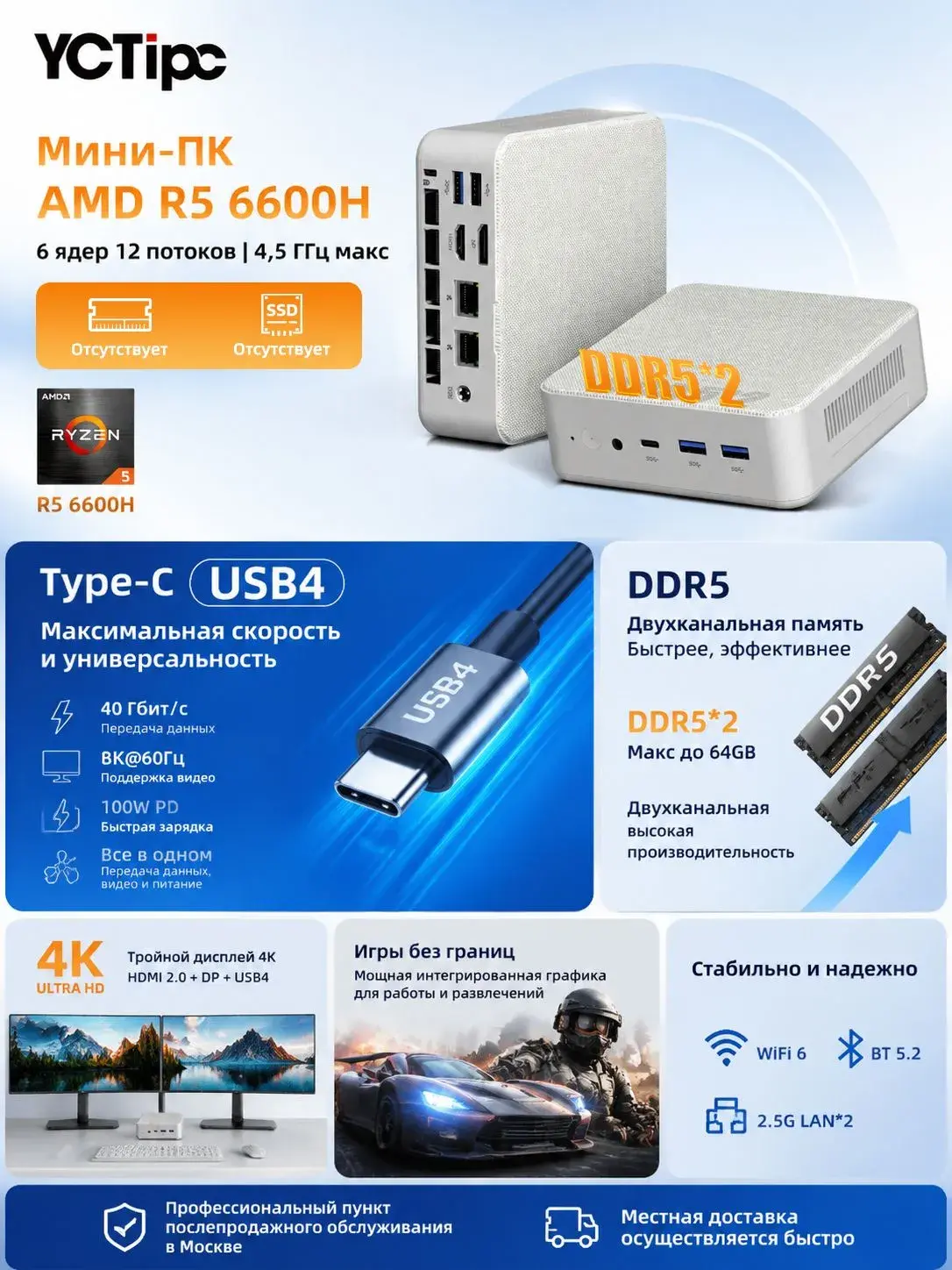 Мини-ПК ZNRS AMD Ryzen 5 6600H, barebone, белый