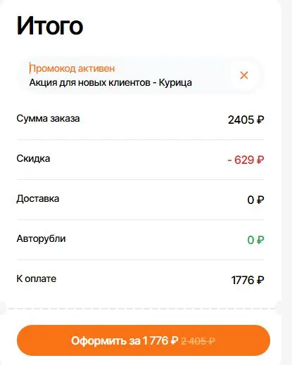 Скриншот подтверждения применения купона КУРИЦА