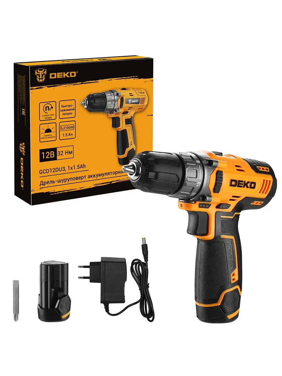 Дрель-шуруповерт аккумуляторная 12В, 1 АКБ х 1.5Ач