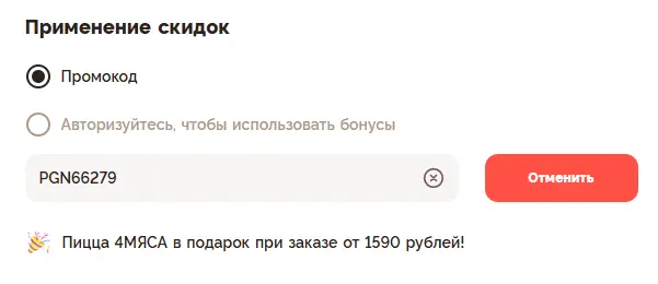 Скриншот подтверждения применения купона PGN66279