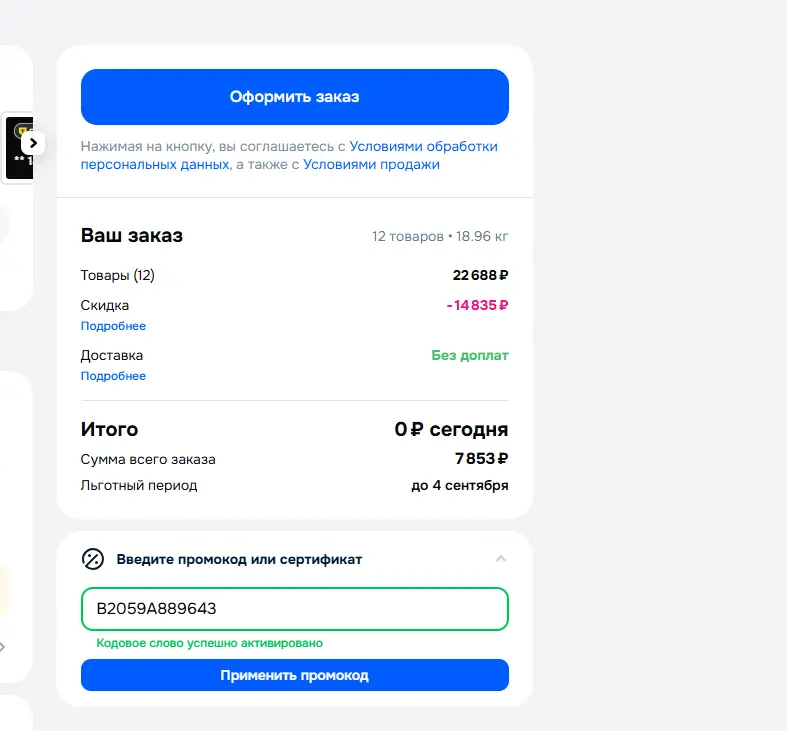 Скриншот подтверждения применения купона B2059A889643