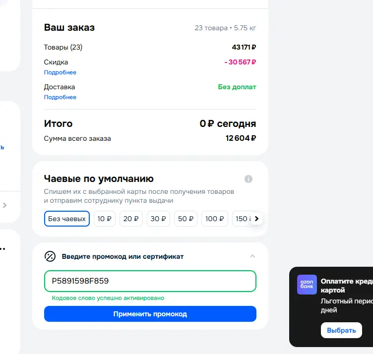 Скриншот подтверждения применения купона P5891598F859