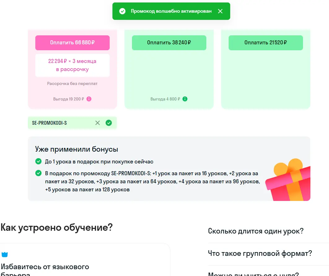 Скриншот подтверждения применения купона SE-PROMOKODI-S