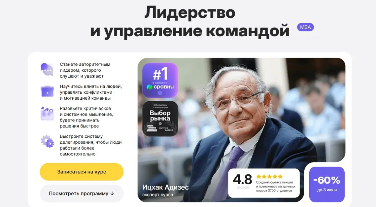 Скриншот подтверждения применения купона Курс “MBA: Лидерство” со скидкой 65%