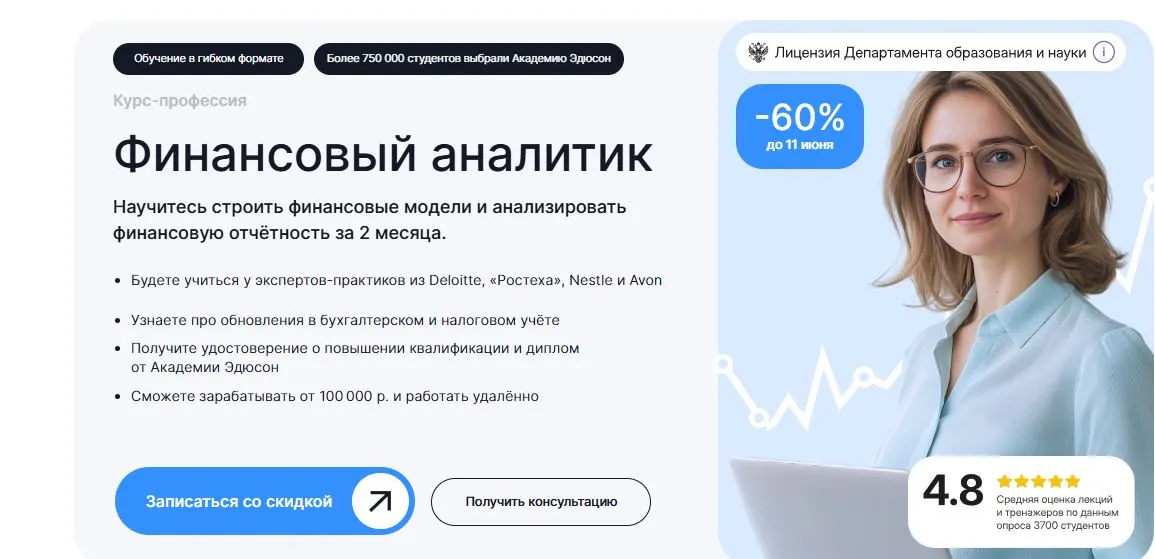 Скриншот подтверждения применения купона Курс "Финансовый аналитик" со скидкой 65%