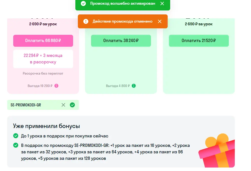Скриншот подтверждения применения купона SE-PROMOKODI-GR