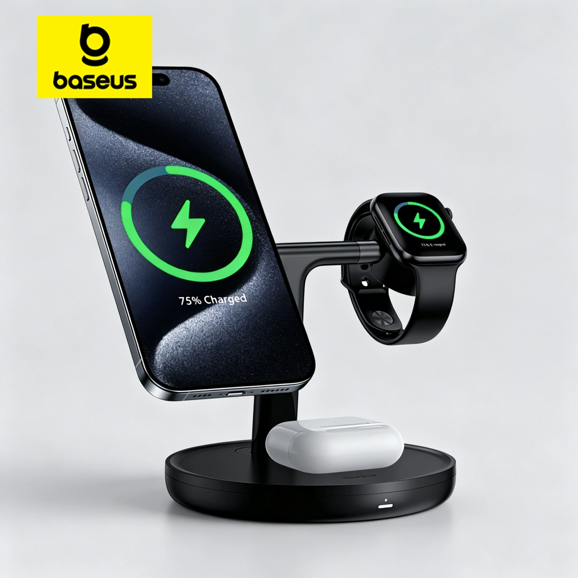 Беспроводная магнитная зарядная станция Baseus 3-в-1 20 Вт для iPhone 17, 16, 15 Pro, AirPods, Apple Watch и телефонов: быстрая зарядка и де