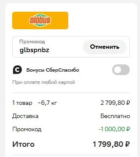 Скриншот подтверждения применения купона glbspnbz