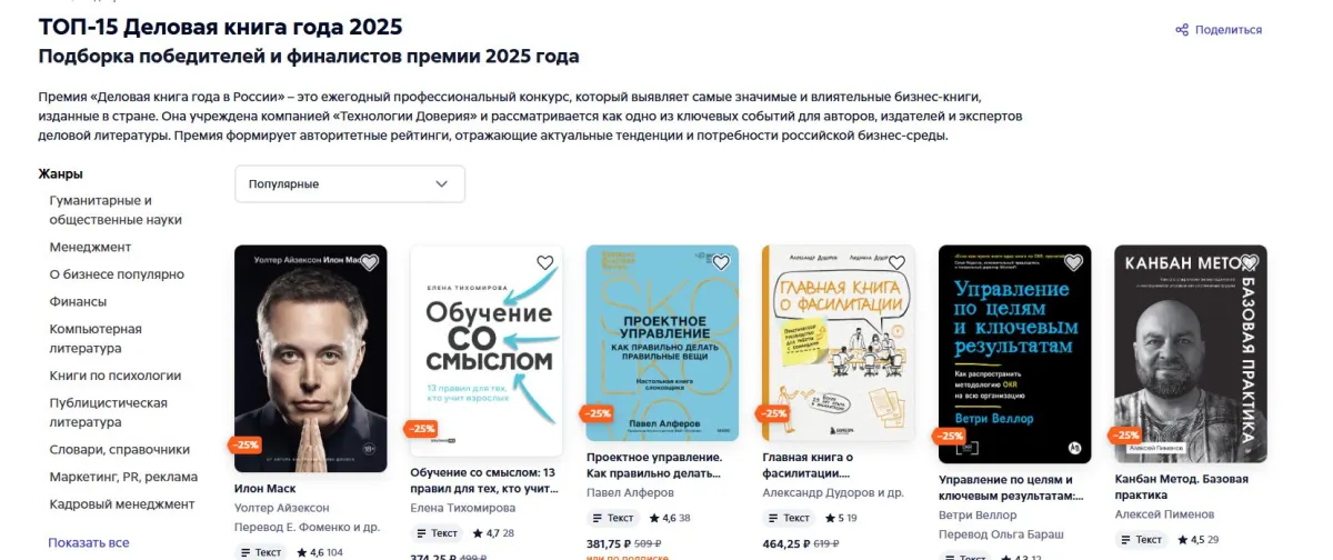 Скриншот подтверждения применения купона ТОП-15 Деловая книга года 2025