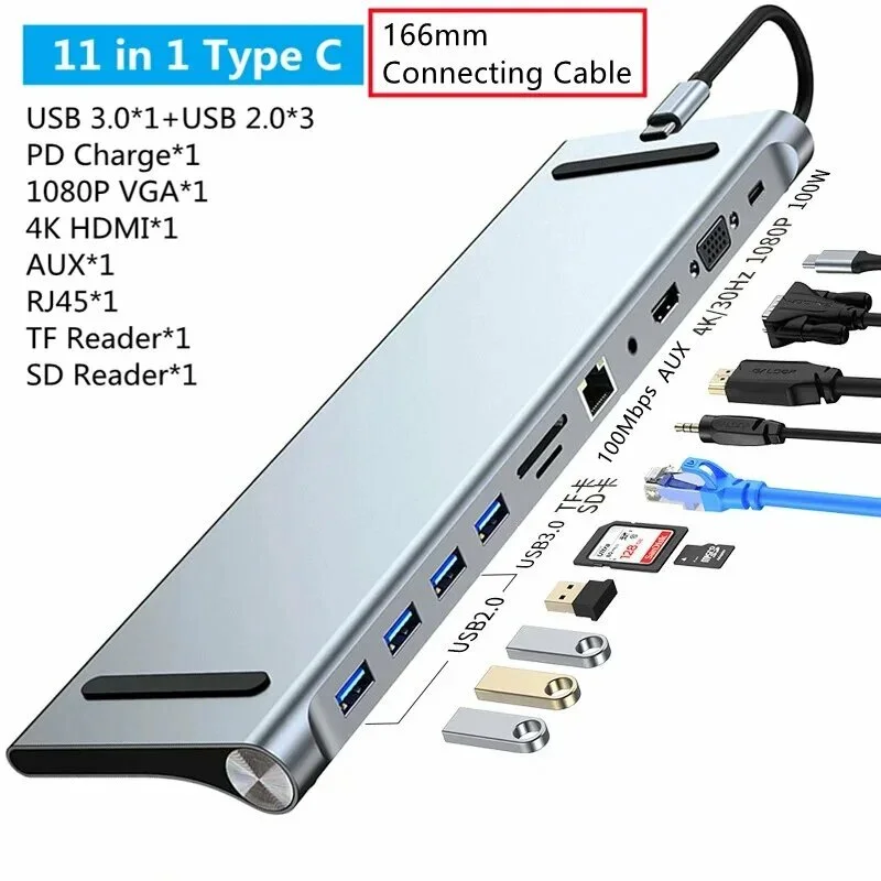 Док-станция PALMEXX 11в1 USB-C to HDMI+VGA+4*USB3.0+USBC+CR+LAN+AUX