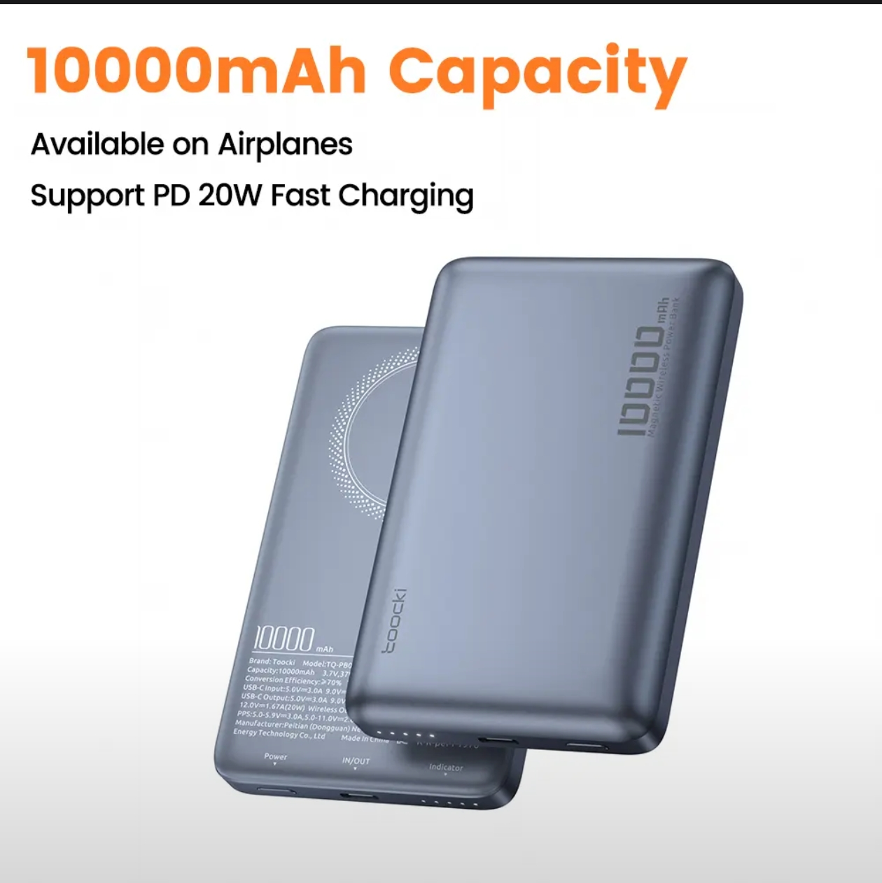 Power Bank Toocki 10000 мАч PD 20 Вт type C