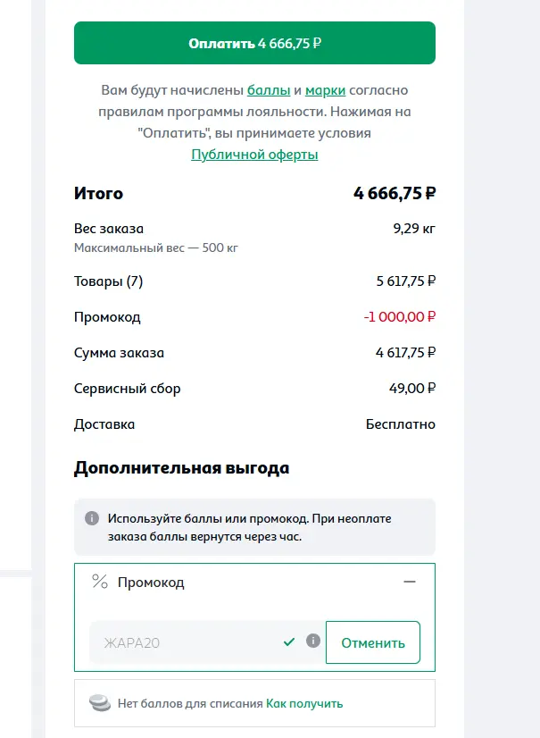 Скриншот подтверждения применения купона ЖАРА20