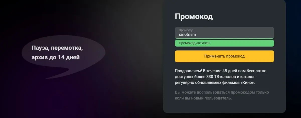 Скриншот подтверждения применения купона smotrism