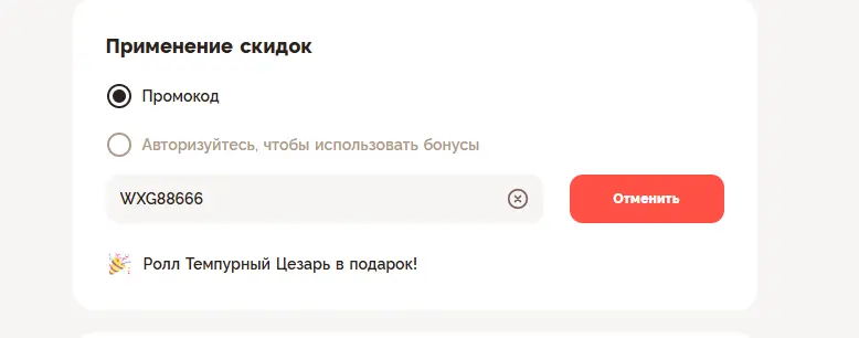 Скриншот подтверждения применения купона WXG88666