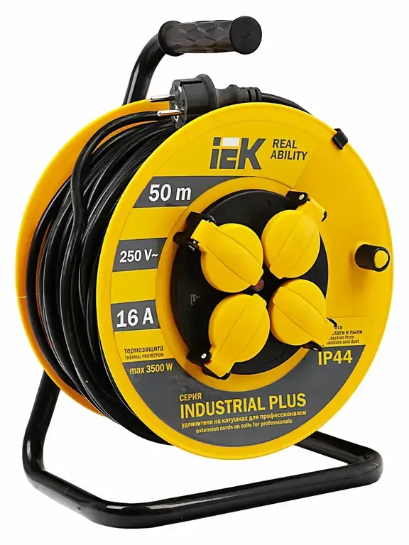 Удлинитель на катушке IEK УК50 Industrial Plus, 4 розетки, 50м, 3х1.5мм2, термовыключатель, IP44, 3500Вт