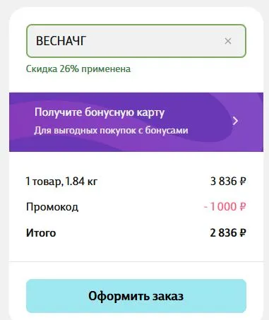 Скриншот подтверждения применения купона ВЕСНАЧГ