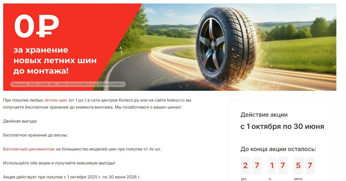 Скриншот подтверждения применения купона 0% за хранение шин