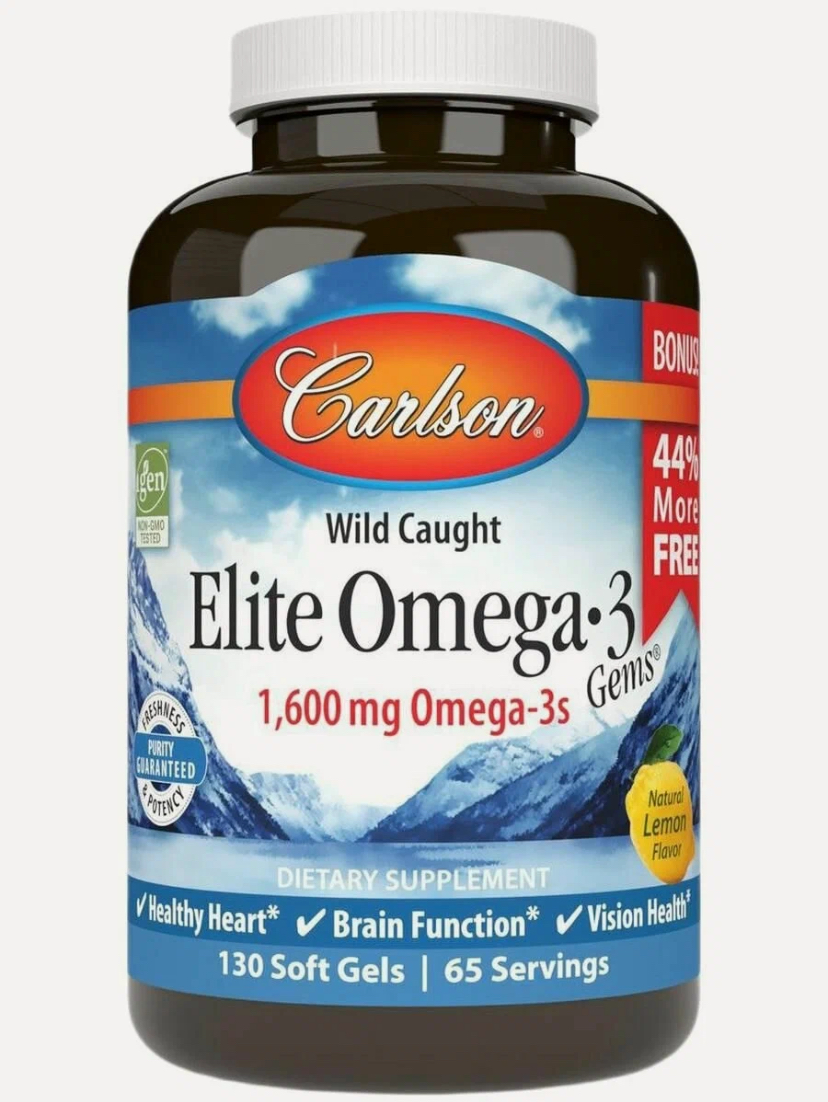 Омега 3 Carlson Labs рыбий жир 1600 мг лимон 130 капсул, для сердца, сосудов и мозга