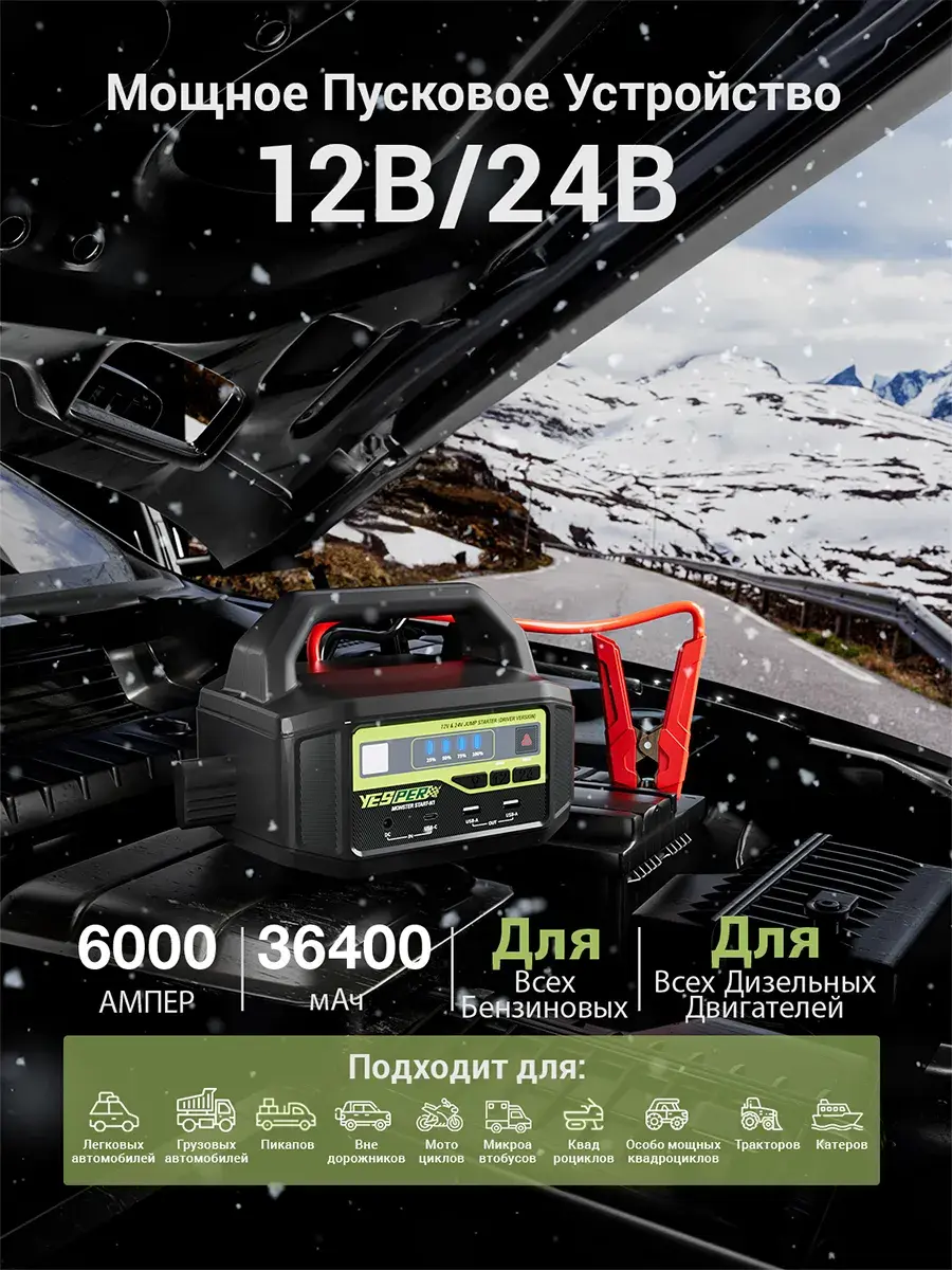 Пусковое устройство 12В/24В 6000 А, аккумулятор 36400 мАч