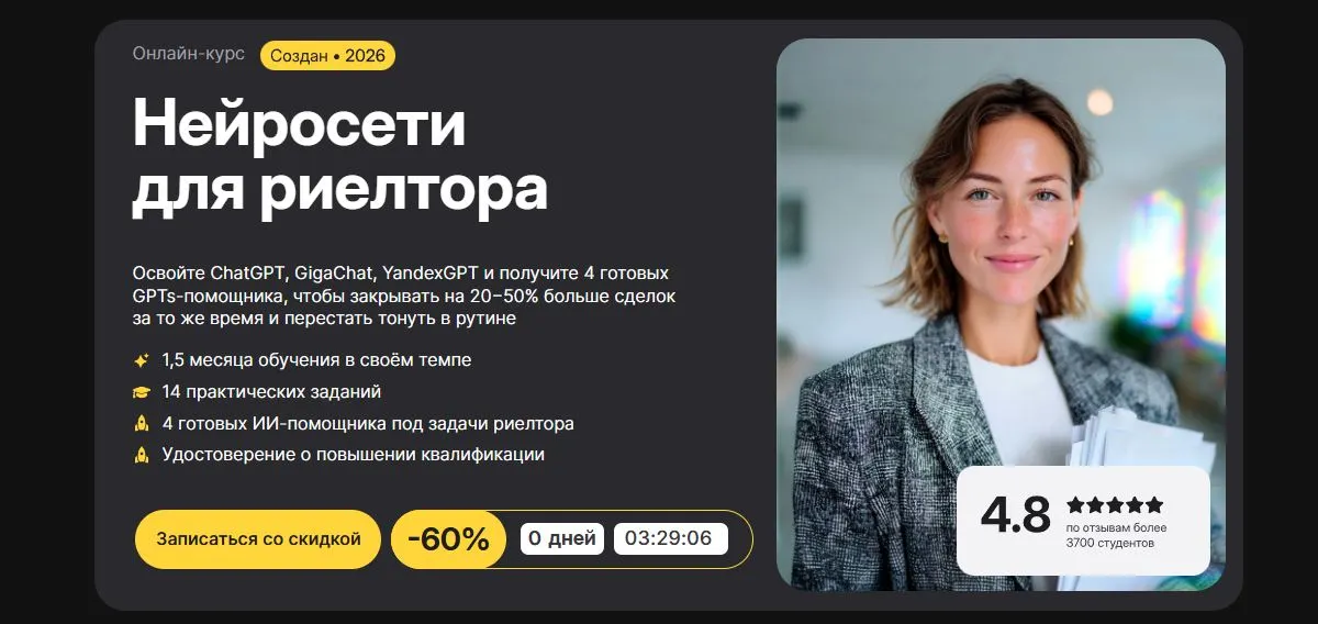 Скриншот подтверждения применения купона Новый курс «Нейросети для риелтора»