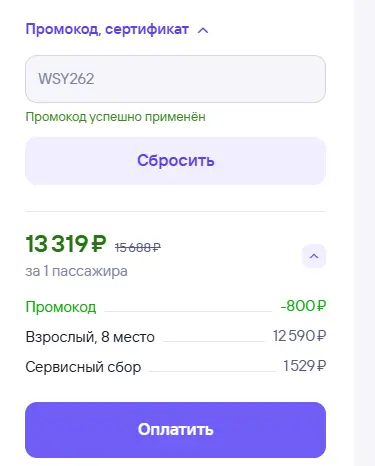 Скриншот подтверждения применения купона WSY262