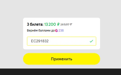 Скриншот подтверждения применения купона EC291832