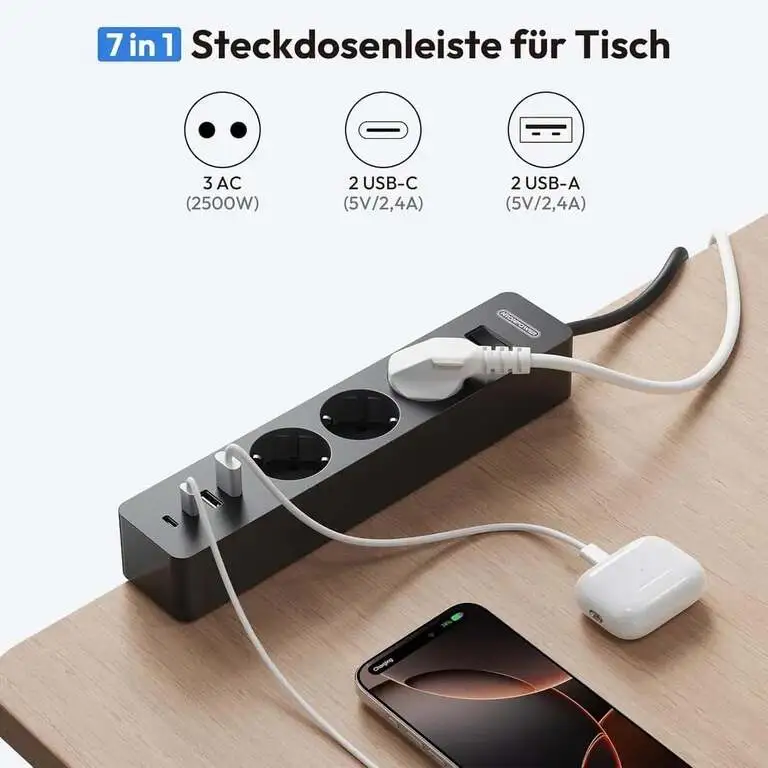 Сетевой фильтр с выключателем NTONPOWER 3 розеток, 2USB-А, 2USB-C, 2м, 2500Вт