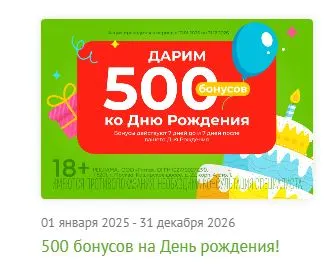 Скриншот подтверждения применения купона 500 бонусов на День рождения!