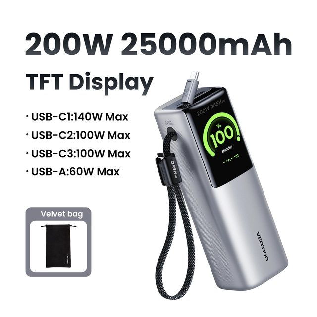 Портативный внешний аккумулятор Vention 200W 25000 мАч с выдвижными кабелями и PD